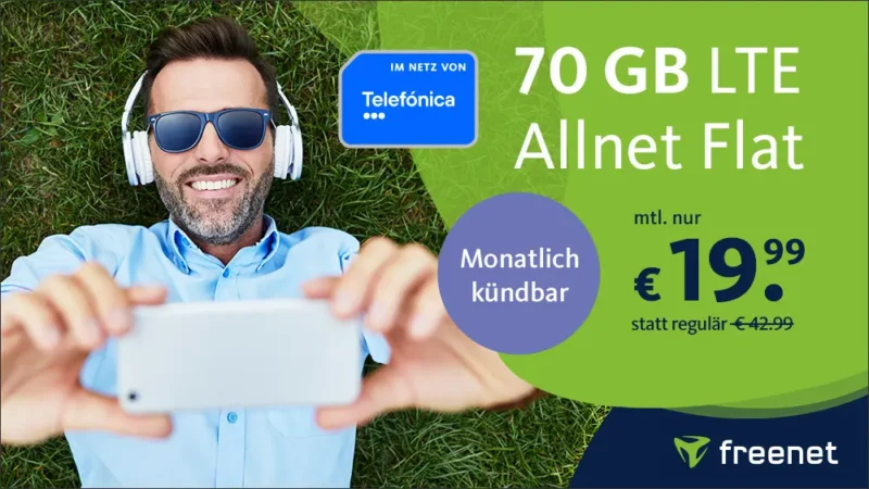 Hammer-Deal: 70 GB Datenvolumen mit 225 Mbit/s für nur 19,99€ mtl. | Telefonie & SMS Flat | monatlich kündbar | Preis auf Lebenszeit