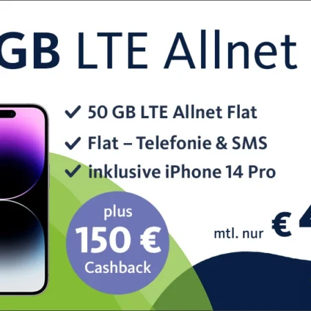 50GB Datenvolumen für 44,99€ mtl. + iPhone 14 Pro für 99,99€ dank Cashback | Telekom-Netz | Allnet-Flat | mit VoLTE, WLAN Call, eSim