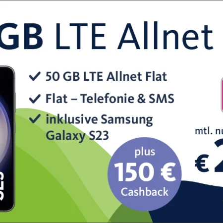 50GB Datenvolumen für 29,99€ mtl. + Samsung Galaxy 23 für 29,99€ dank 150€ Cashback | Telekom-Netz | Allnet-Flat | mit VoLTE, WLAN Call, eSim