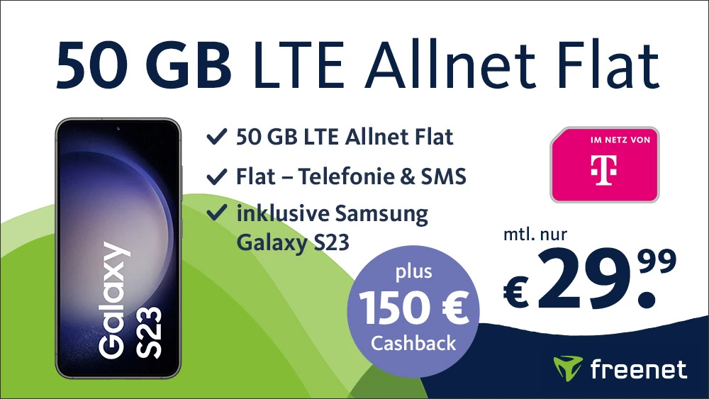 50GB Datenvolumen für 29,99€ mtl. + Samsung Galaxy 23 für 29,99€ dank 150€ Cashback | Telekom-Netz | Allnet-Flat | mit VoLTE, WLAN Call, eSim