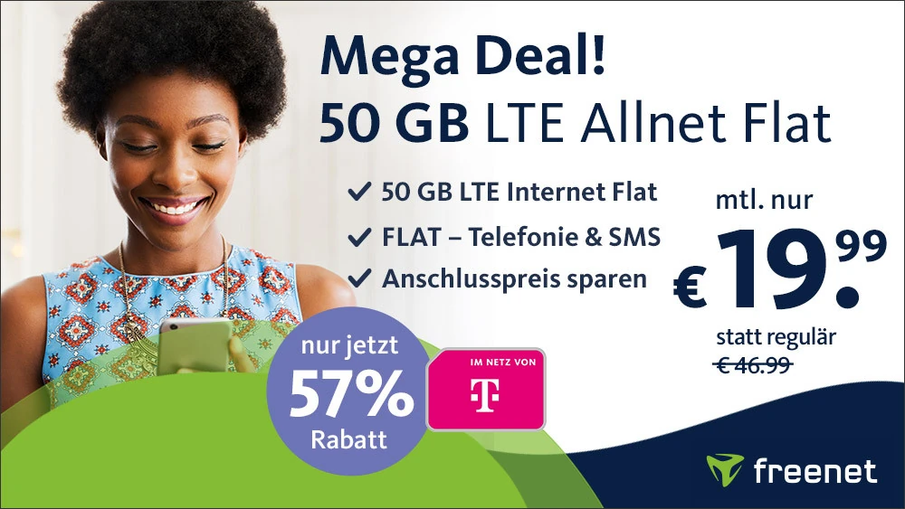 50 GB LTE Datenvolumen mit Allnet-Flat für 19,99€ mtl. im Telekom-Netz | mit VoLTE, WLAN Call, eSim