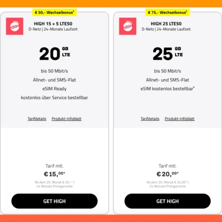 20 GB für 12,50€ mtl. | ODER 25 GB für 20€ mtl. | Telekom-Netz | mit Allnet-Flat | bis zu 75€ Bonus | optional monatlich kündbar |  HIGH macht FRAENK Konkurrenz!