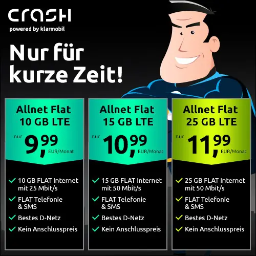 25 GB für 11,99€ im Telekom-Netz bei CRASH | mit Allnet-Flat, VoLTE, WLAN Call & eSim