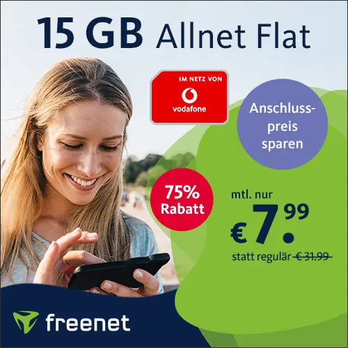 15 GB für nur 7,99€ mtl. im Vodafone-Netz | mit Allnet-Flat, VoLTE, WLAN Call & eSim | flexibler Vertragsstart möglich