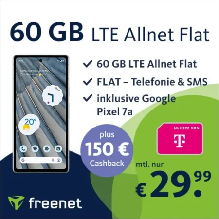 60GB Datenvolumen für 29,99€ mtl. + Google Pixel 7a + 150€ Cashback + 100€ Bonus bei Rufnummernmitnahme | Telekom-Netz | Allnet-Flat | mit VoLTE, WLAN Call, eSim