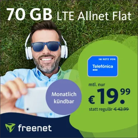 70 GB LTE Allnet-Flat für dauerhaft 19,99€ & monatlich kündbar | Telefonie & SMS Flat | Preis auf Lebenszeit | keine Mindestlaufzeit | 225 Mbit/s | o2-Netz