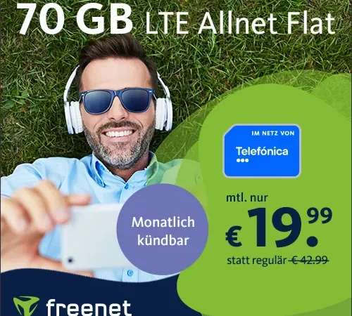 70 GB LTE Allnet-Flat für dauerhaft 19,99€ & monatlich kündbar | Telefonie & SMS Flat | Preis auf Lebenszeit | keine Mindestlaufzeit | 225 Mbit/s | o2-Netz