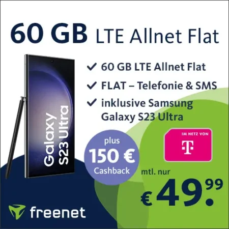 Samsung Galaxy S23 Ultra mit 60 GB Datenvolumen im Telekom-Netz für 49,99 mtl. +150€ Cashback | Allnet-Flat | mit VoLTE, WLAN Call, eSim