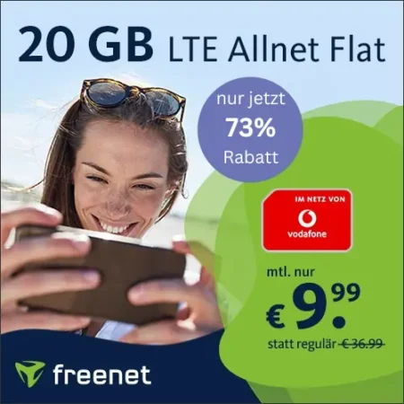 20 GB LTE Allnet-Flat für nur 9,99€ mtl. | Vodafone-Netz | Telefonie & SMS Flat | eSIM | VoLTE, WLAN Call, EU-Roaming | Anschlussgebühr sparen