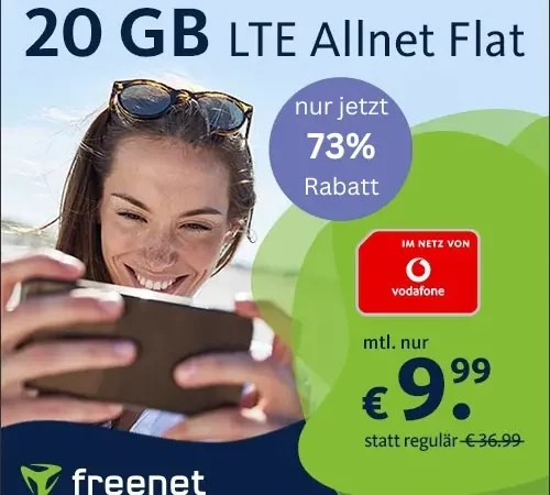 20 GB LTE Allnet-Flat für nur 9,99€ mtl. | Vodafone-Netz | Telefonie & SMS Flat | eSIM | VoLTE, WLAN Call, EU-Roaming | Anschlussgebühr sparen