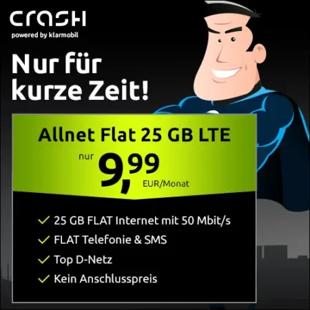 25GB für 9,99€ im Vodafone-Netz bei CRASH | eSim | Allnet-Flat | WLAN Call, VoLTE