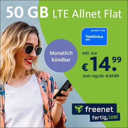 50 GB + Allnet-Flat für 14,99€ mtl. | monatlich kündbar | 225 Mbit/s | Telefonica-Netz