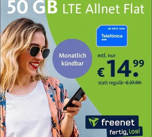 50 GB + Allnet-Flat für 14,99€ mtl. | monatlich kündbar | 225 Mbit/s | Telefonica-Netz