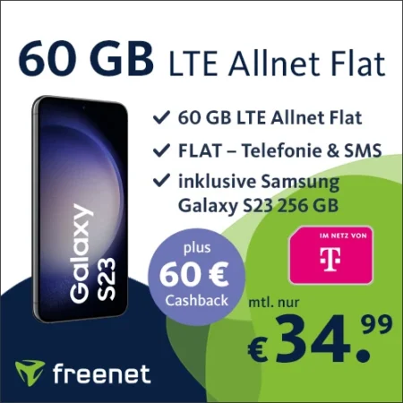 60 GB + Samsung Galaxy S23 für 34,99€ mtl.| Telekom-Netz | 60€ Cashback | 79,99€ Gerätepreis