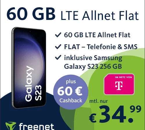 60 GB + Samsung Galaxy S23 für 34,99€ mtl.| Telekom-Netz | 60€ Cashback | 79,99€ Gerätepreis