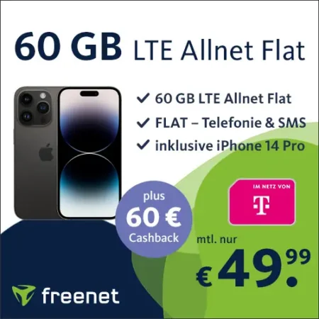 60 GB + iPhone 14 Pro für 49,99€ | Telekom-Netz | 60€ Cashback | 34,99€ Gerätepreis | keine Anschlussgebühr