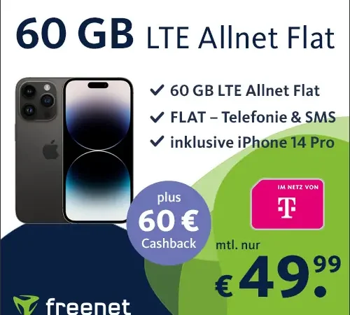 60 GB + iPhone 14 Pro für 49,99€ | Telekom-Netz | 60€ Cashback | 34,99€ Gerätepreis | keine Anschlussgebühr