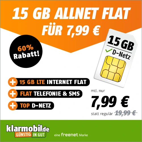 Prime-Day bei Klarmobil: 15 GB Datenvolumen für 7,99€ mtl.