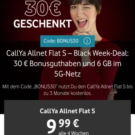 Black Week Deal: 6GB Prepaid-Freikarte für 12 Wochen gratis | 5G-Netz  | CallYa Allnet-Flat S von Vodafone | monatlich kündbar