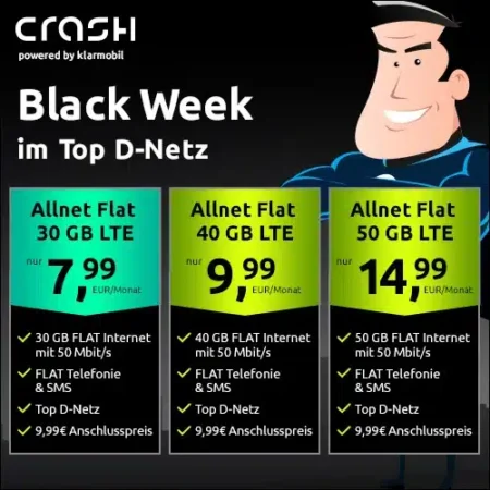 🔥30 GB für 7,99€ | 40 GB für 9,99€ | 50 GB für 14,99€ | Vodafone-Netz | BLACK-WEEK bei CRASH | Allnet-Flat, eSim | 1 Monat waipu.tv Perfect Plus