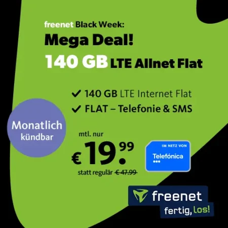 140 GB im Telefónica-Netz für 19,99€ | mtl. kündbar | Freenet Black Week | 225 Mbit/s | eSIM, Allnet-Flat, EU-Roaming