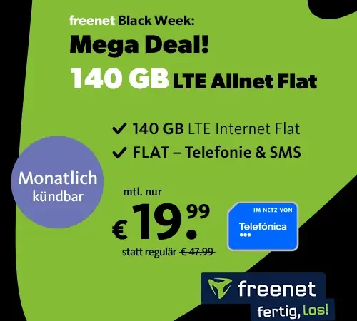 140 GB im Telefónica-Netz für 19,99€ | mtl. kündbar | Freenet Black Week | 225 Mbit/s | eSIM, Allnet-Flat, EU-Roaming
