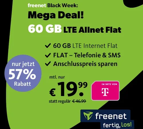 60 GB im Telekom-Netz für 19,99€ | Freenet Black Week | ohne Anschlussgebühr | eSIM, Allnet-Flat, EU-Roaming