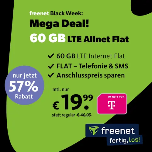 Black Week bei Freenet: 60 GB Allnet Flat für 19,99€ im Monat