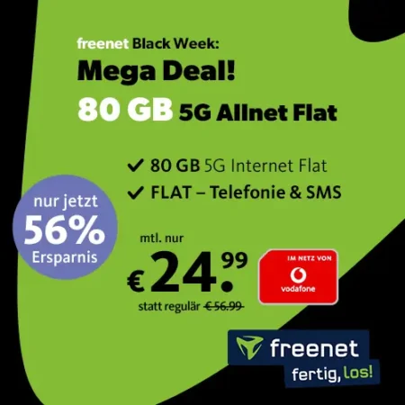 80 GB im Vodafone-Netz mit 5G für 24,99€ | Freenet Black Week | 150 Mbit/s | eSIM, Allnet-Flat, EU-Roaming