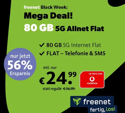 80 GB im Vodafone-Netz mit 5G für 24,99€ | Freenet Black Week | 150 Mbit/s | eSIM, Allnet-Flat, EU-Roaming