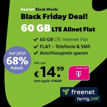 🔥BLACK-FRIDAY: 60 GB für 14,99€ im Telekom-Netz | eSIM, Allnet-Flat, EU-Roaming | 1 Monat waipu.tv Perfect Plus