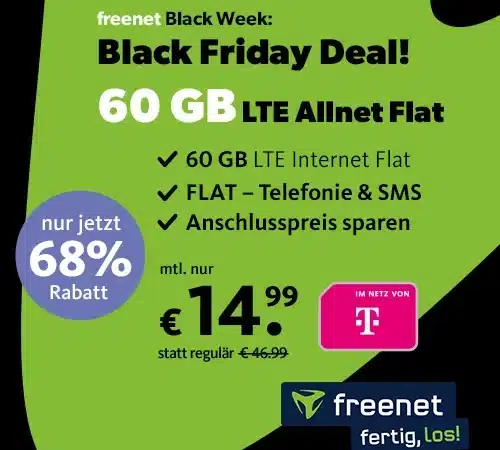 🔥BLACK-FRIDAY: 60 GB für 14,99€ im Telekom-Netz | eSIM, Allnet-Flat, EU-Roaming | 1 Monat waipu.tv Perfect Plus