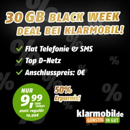 🔥Klarmobil BLACK-WEEK: 30 GB für 9,99€ | Vodafone-Netz  | mtl. kündbar | eSIM, Allnet-Flat | 40 GB für 14,99 € | 50 GB für 19,99€