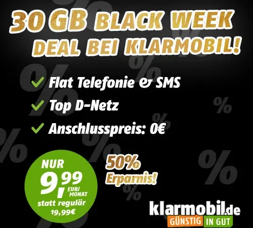 🔥Klarmobil BLACK-WEEK: 30 GB für 9,99€ | Vodafone-Netz  | mtl. kündbar | eSIM, Allnet-Flat | 40 GB für 14,99 € | 50 GB für 19,99€