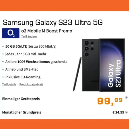 50 GB für 34,99 mtl. + Galaxy S23 Ultra für einm. 99€ im o2 Netz mit 5G | o2 Mobile M Boost | 100€ Bonus bei RNM