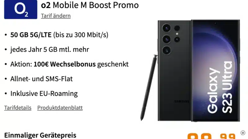 50 GB für 34,99 mtl. + Galaxy S23 Ultra für einm. 99€ im o2 Netz mit 5G | o2 Mobile M Boost | 100€ Bonus bei RNM