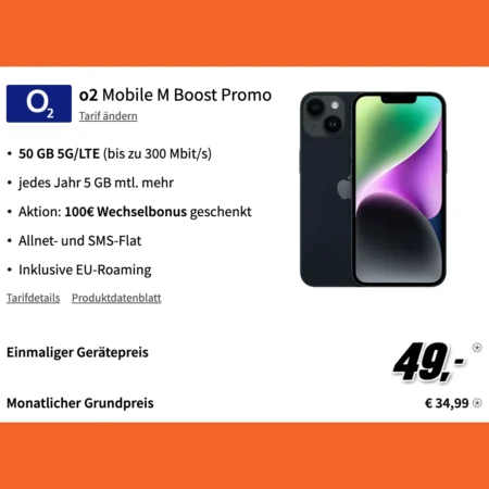 50 GB für 34,99 mtl. + iPhone 14 für einm. 49€ im o2 Netz mit 5G | o2 Mobile M Boost | 100€ Bonus bei RNM