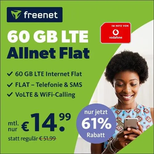 🔥60 GB für 14,99€ | Vodafone-Netz | 100 Mbit/s | Allnet-Flat, eSim, EU-Roaming