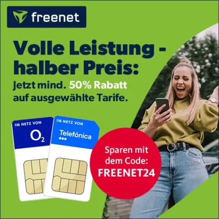 50% Rabatt auf monatlich kündbare Tarife bei Freenet l Unbegrenzt Datenvolumen ab 14,99€ l 70 GB ab 19,99€ l o2/Telefonica