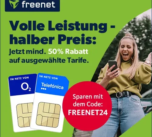 50% Rabatt auf monatlich kündbare Tarife bei Freenet l Unbegrenzt Datenvolumen ab 14,99€ l 70 GB ab 19,99€ l o2/Telefonica