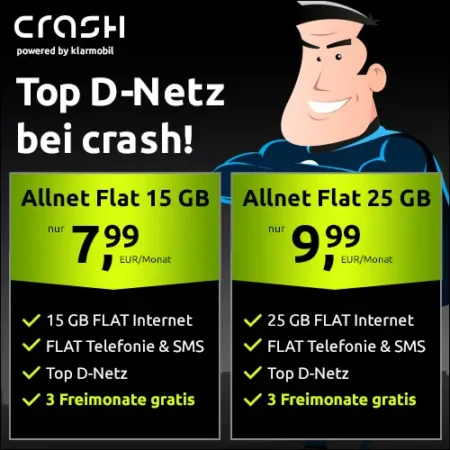 25 GB für 9,99€ im Vodafone-Netz bei CRASH | + 3 Freimonate | Allnet-Flat | WLAN Call, VoLTE, eSim