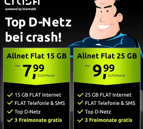 25 GB für 9,99€ im Vodafone-Netz bei CRASH | + 3 Freimonate | Allnet-Flat | WLAN Call, VoLTE, eSim