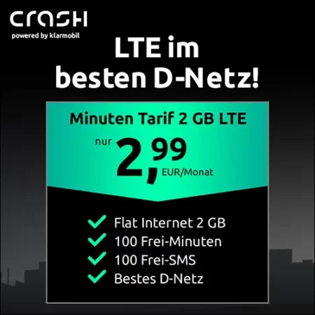 2 GB + 100 Frei-Minuten & 100 Frei-SMS für 2,99€ | Telekom-Netz | eSim, WLAN Call, VoLTE | CRASH