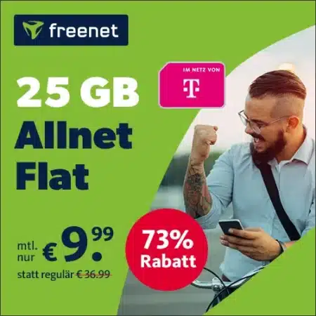 25 GB im Telekom-Netz für 9,99€ mtl. | Allnet-Flat | eSim, WLAN Call, VoLTE + Gratismonat waipu.tv | Freenet