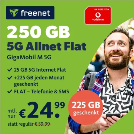 🔥250 GB im Vodafone-Netz mit 5G für 24,99€ | GigaMobil M | 300 Mbit/s | eSIM, Allnet-Flat, EU-Roaming