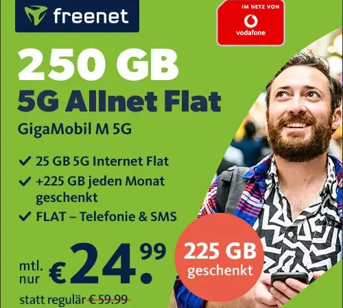 🔥250 GB im Vodafone-Netz mit 5G für 24,99€ | GigaMobil M | 300 Mbit/s | eSIM, Allnet-Flat, EU-Roaming