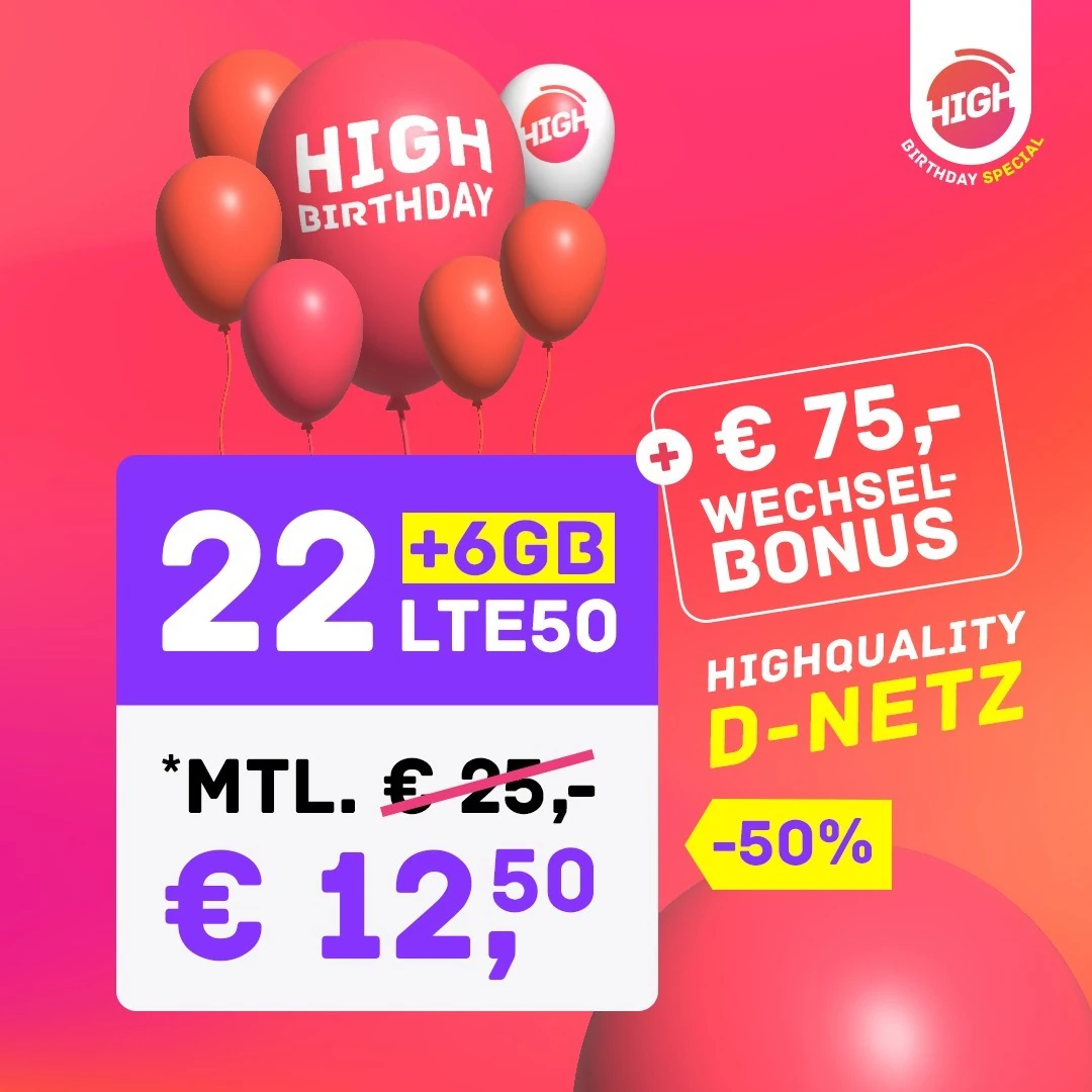 🔥HIGH-Mobile Geburtstag: 28 GB für 12,50 € | 40 GB für 17,50€ | Telekom-Netz | Bis zu 100€ Bonus | 5G und monatlich kündbar