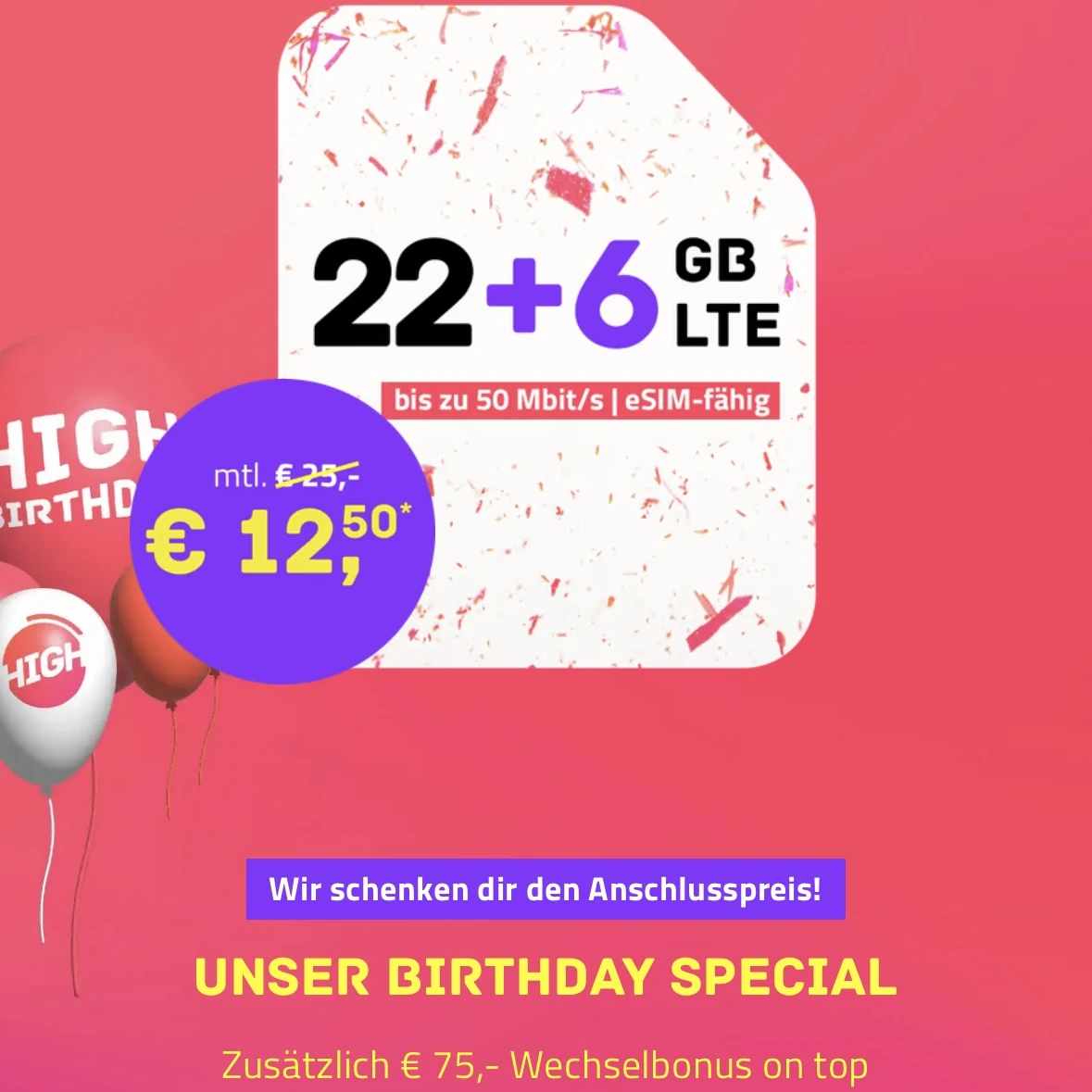 HIGH feiert mit mega Angeboten Geburtstag! Z.b. 28 GB für nur 12,50€