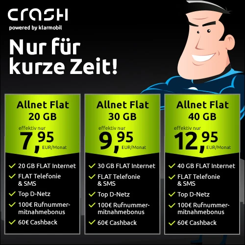 20 GB für 7,95€ | 30 GB für 9,95€ | 40 GB für 12,95€ | Effektivpreise | Vodafone Netz | Cashback & Bonus | Crash-Tarife