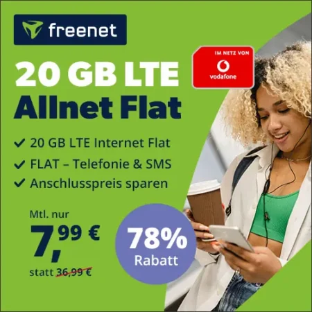 🔥Vodafone-Netz: 20 GB für 7,99€ | 50 Mbit/s | Allnet- & SMS-Flat | eSim, WLAN Call, VoLTE | freenet